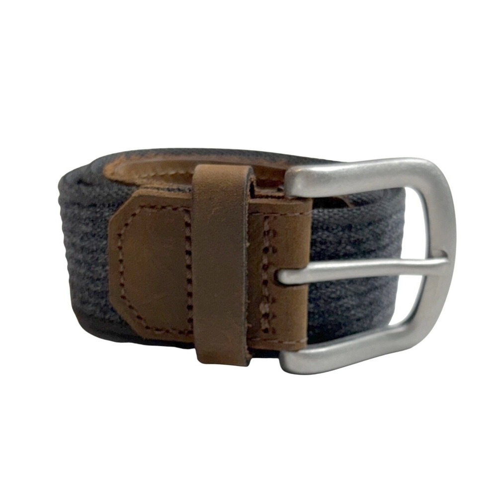 Bison Designs Webbing Belt Mens 34 Gray Brown Leather Trim Rugged Outdoor USA
